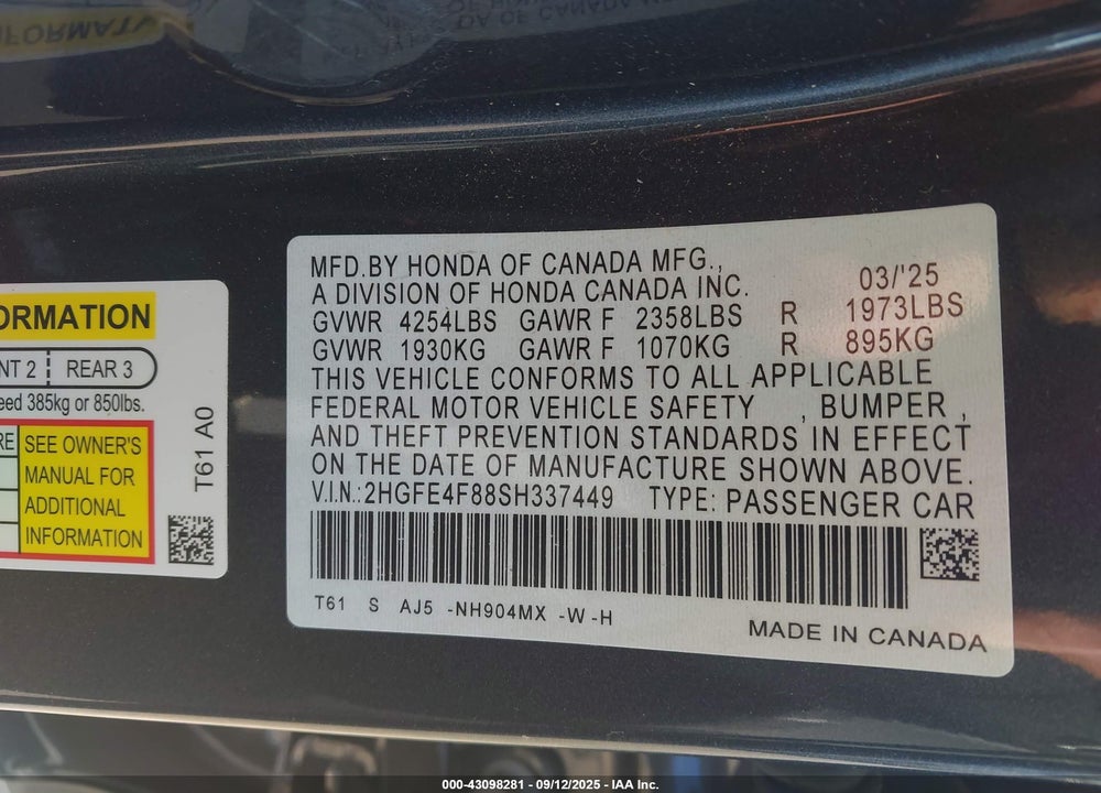 2025 HONDA CIVIC  HYBRID SPORT/SPORT TOURING VIN: 2HGFE4F88SH337449