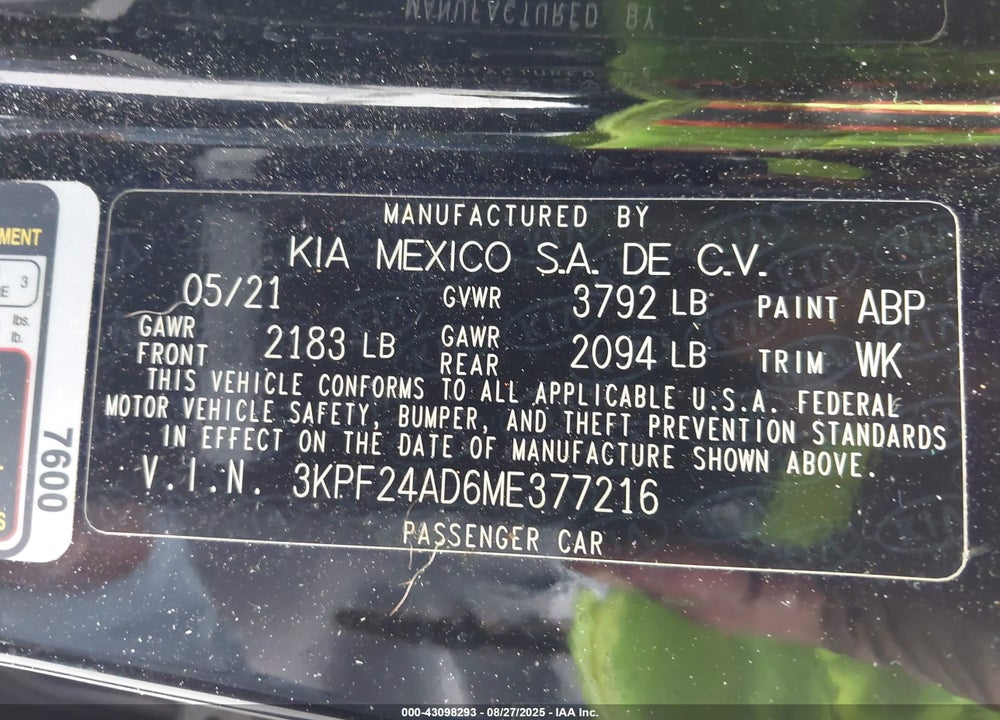 2021 KIA FORTE FE VIN: 3KPF24AD6ME377216