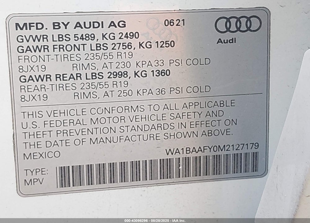 2021 AUDI Q5 VIN: WA1BAAFY0M2127179