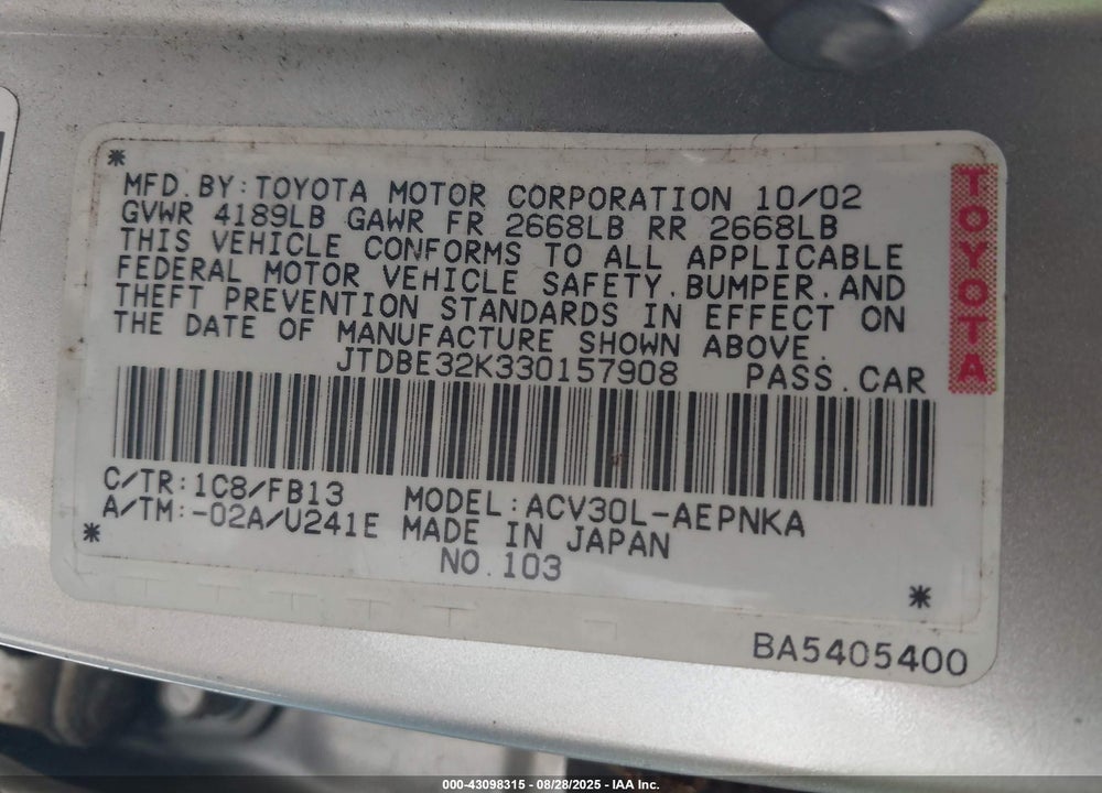 2003 TOYOTA CAMRY LE VIN: JTDBE32K330157908