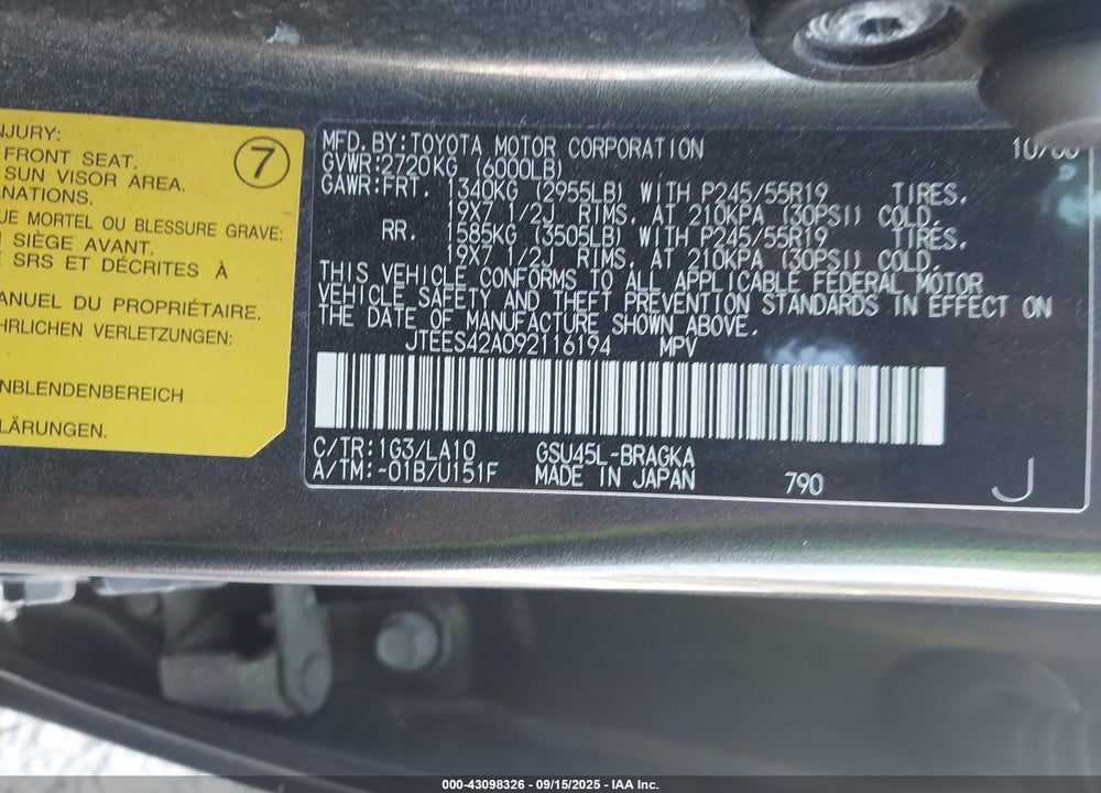 2009 TOYOTA HIGHLANDER VIN: JTEES42A092116194