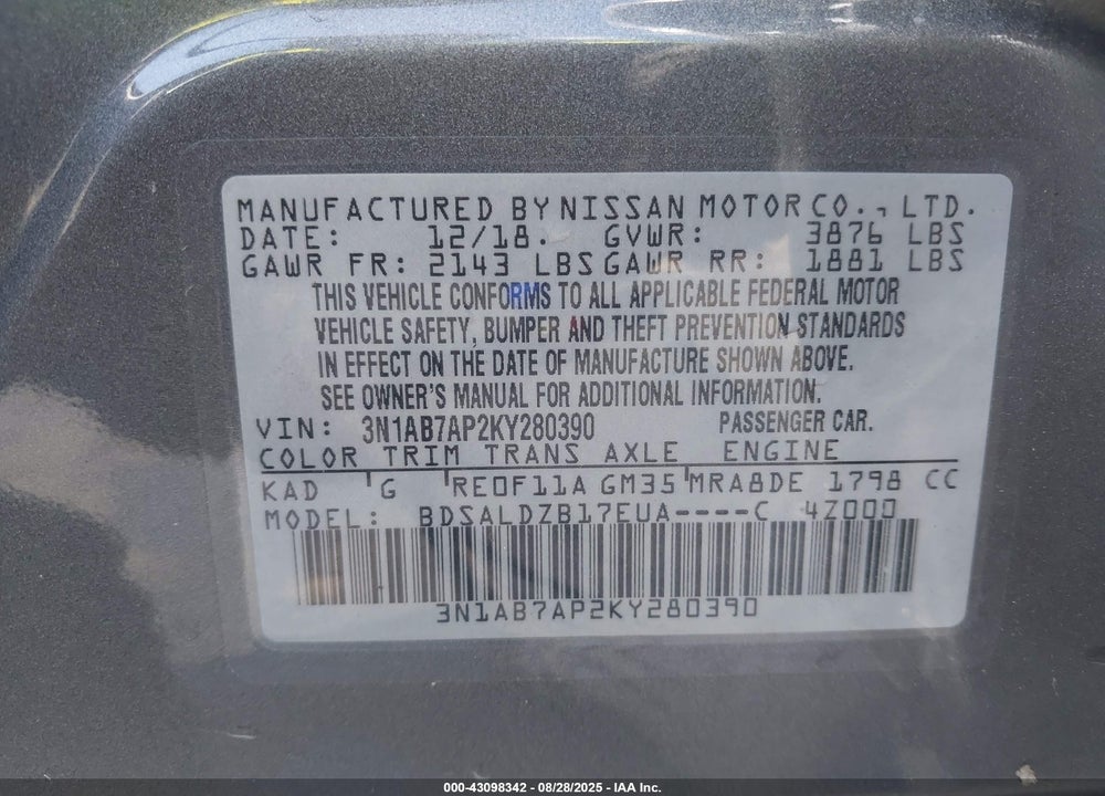 2019 NISSAN SENTRA VIN: 3N1AB7AP2KY280390