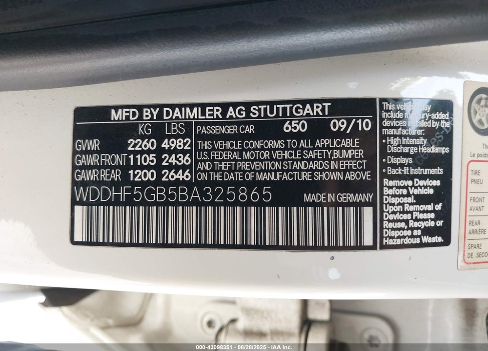 2011 MERCEDES-BENZ E-CLASS VIN: WDDHF5GB5BA325865