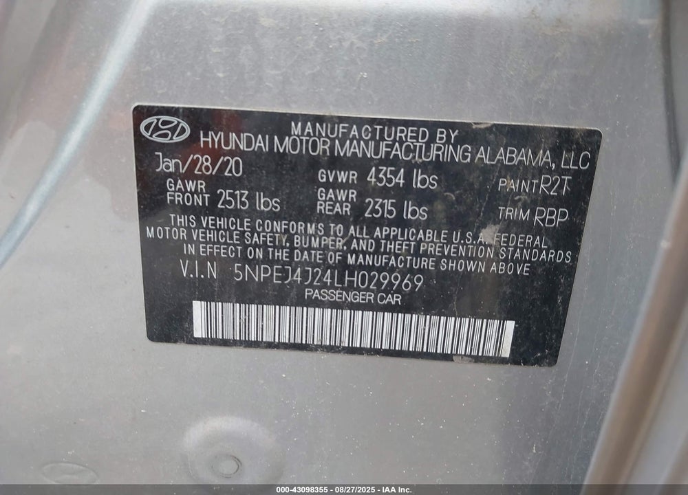 2020 HYUNDAI SONATA VIN: 5NPEJ4J24LH029969