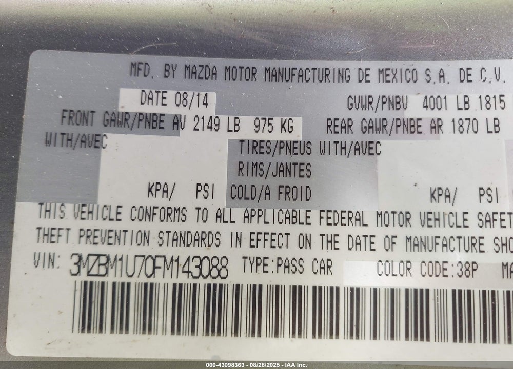 2015 MAZDA 3 VIN: 3MZBM1U70FM143088