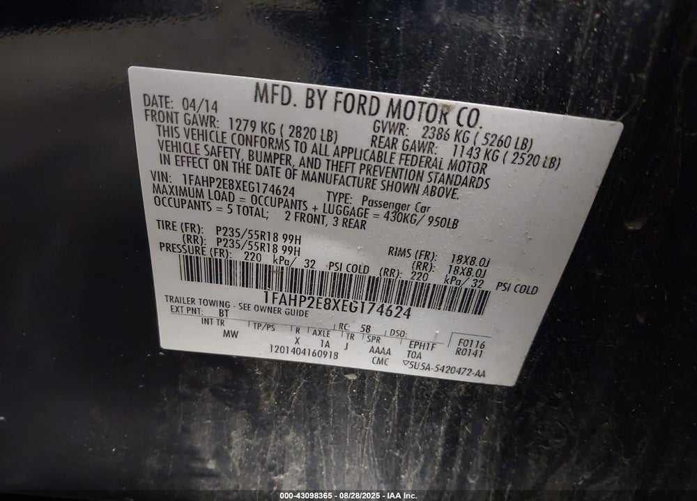2014 FORD TAURUS SEL VIN: 1FAHP2E8XEG174624