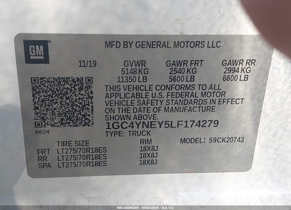 2020 CHEVROLET SILVERADO 2500HD 4WD STANDARD BED LT VIN: 1GC4YNEY5LF174279