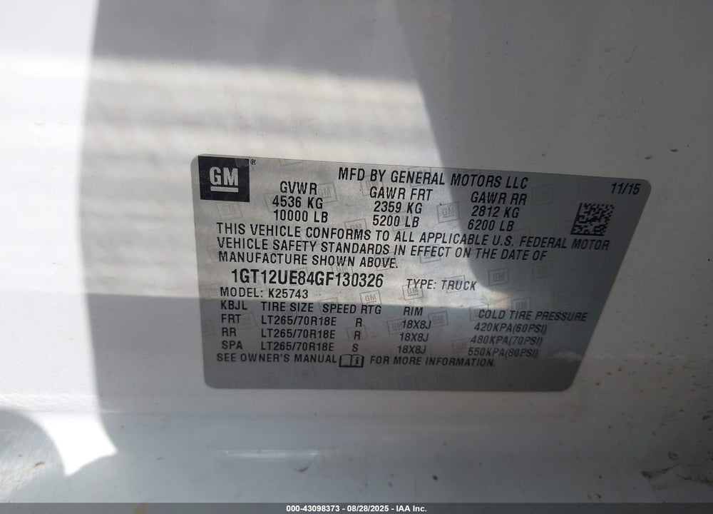 2016 GMC SIERRA VIN: 1GT12UE84GF130326
