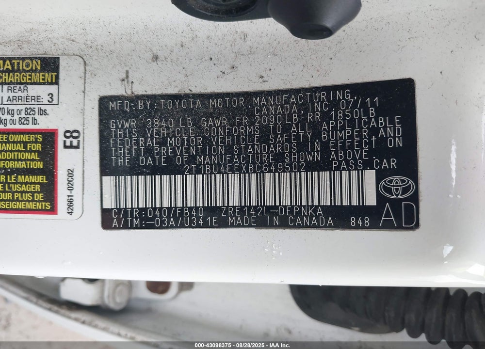 2011 TOYOTA COROLLA VIN: 2T1BU4EEXBC649502