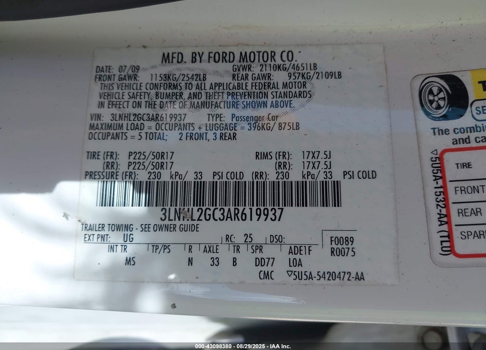 2010 LINCOLN MKZ VIN: 3LNHL2GC3AR619937