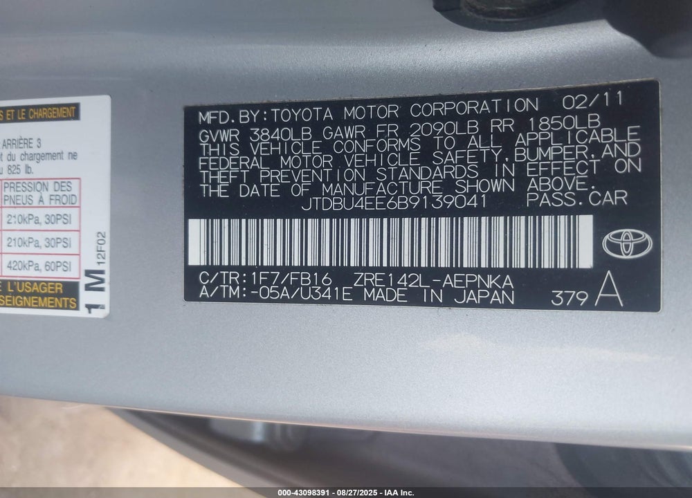 2011 TOYOTA COROLLA VIN: JTDBU4EE6B9139041