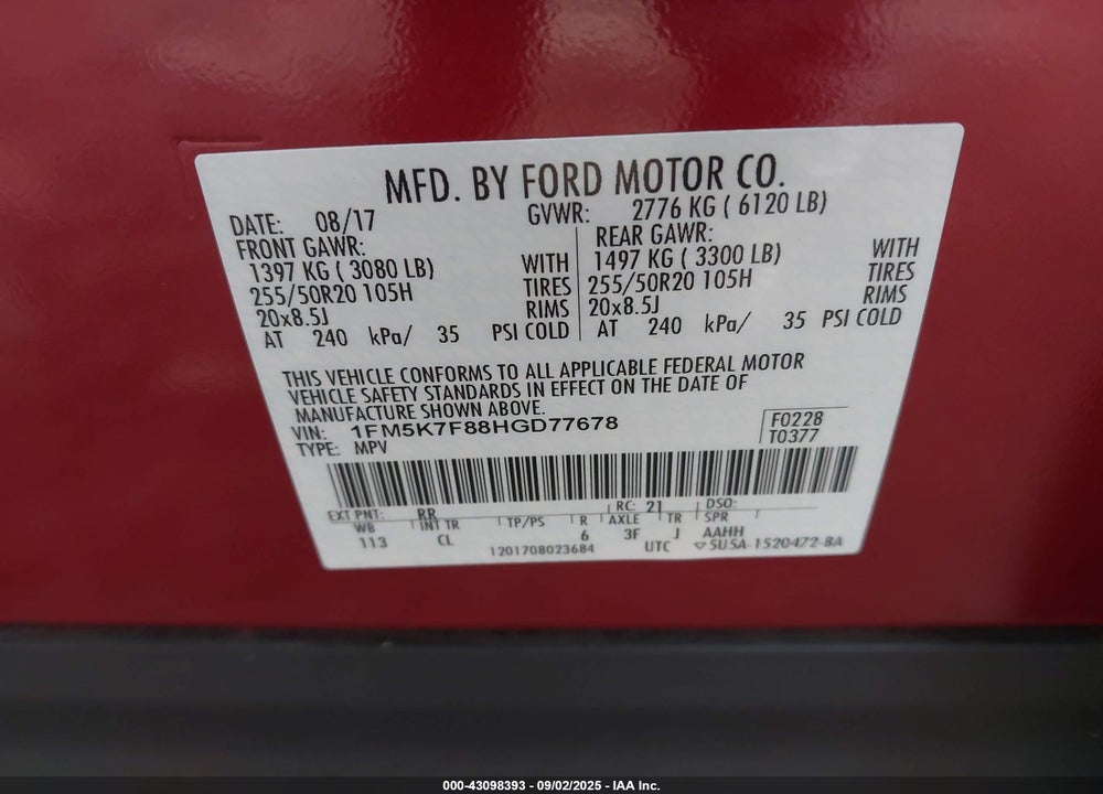 2017 FORD EXPLORER VIN: 1FM5K7F88HGD77678