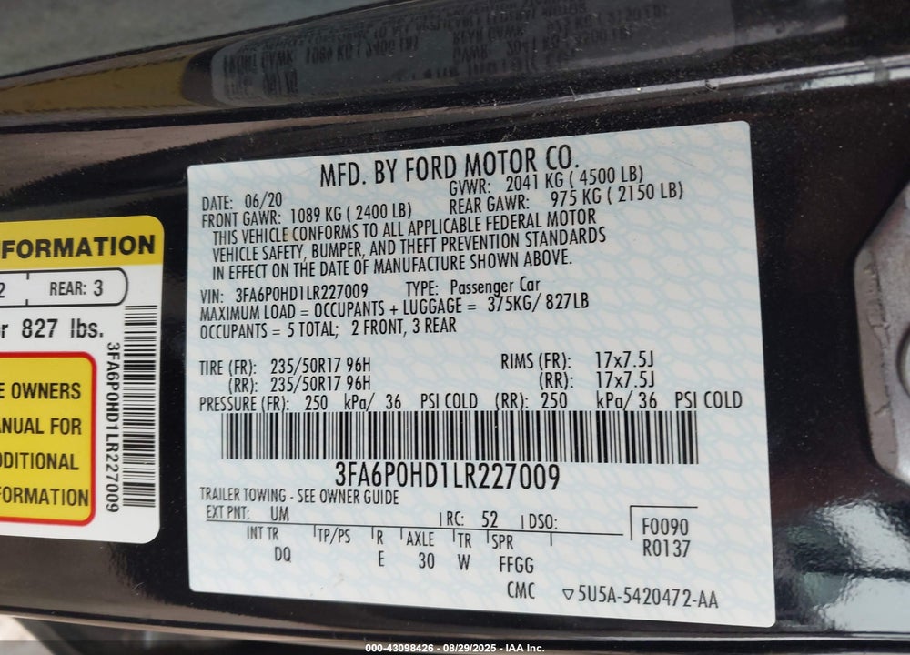 2020 FORD FUSION VIN: 3FA6P0HD1LR227009