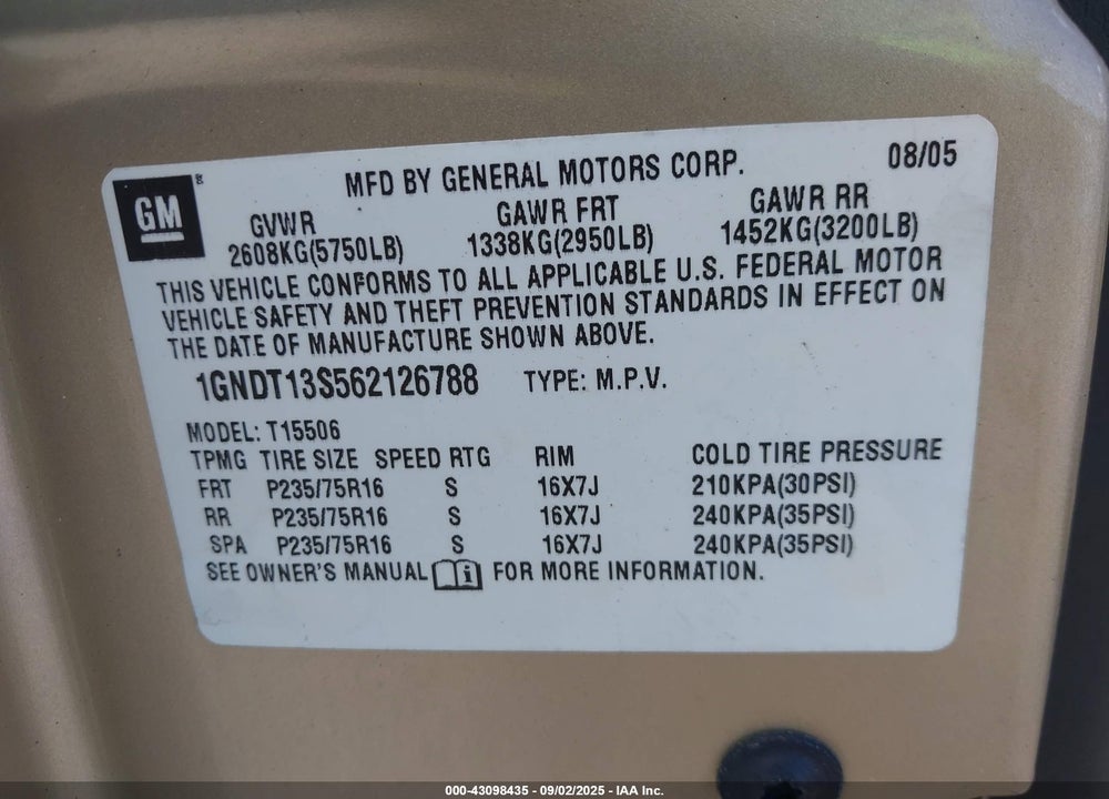 2006 CHEVROLET TRAILBLAZER LS VIN: 1GNDT13S562126788