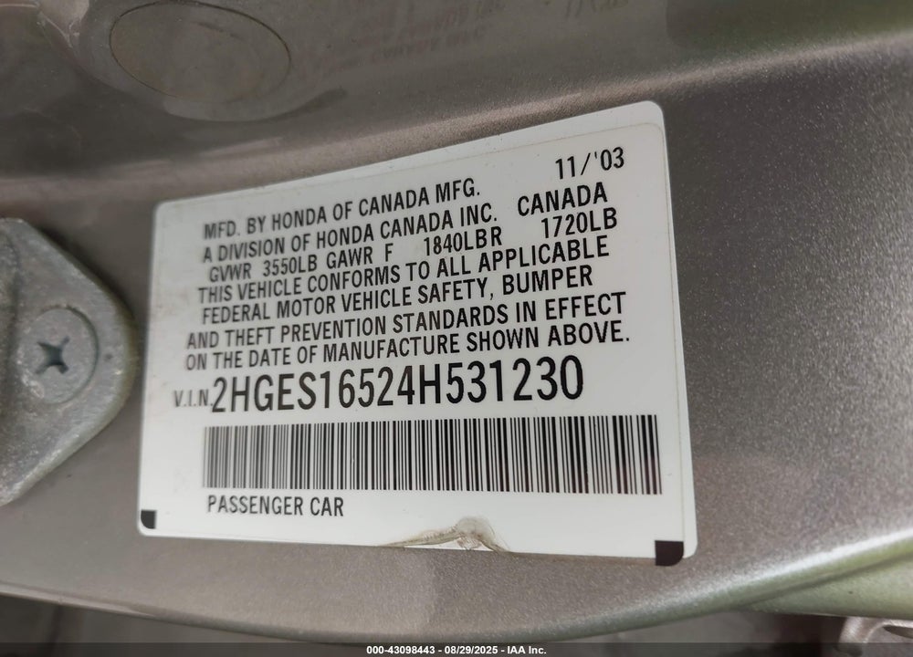 2004 HONDA CIVIC LX VIN: 2HGES16524H531230