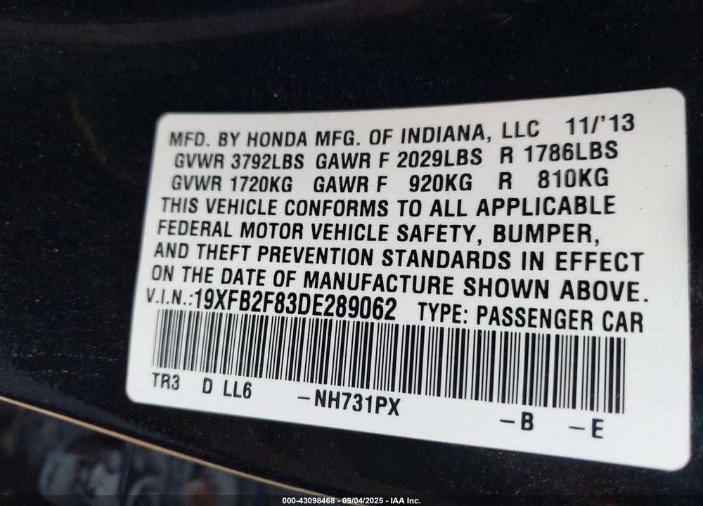 2013 HONDA CIVIC VIN: 19XFB2F83DE289062
