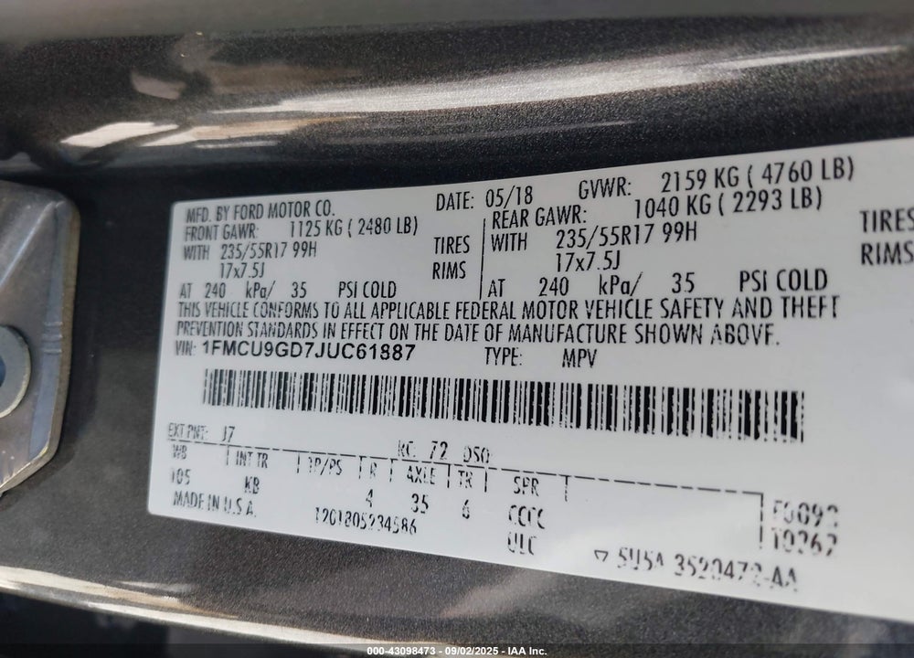 2018 FORD ESCAPE VIN: 1FMCU9GD7JUC61887