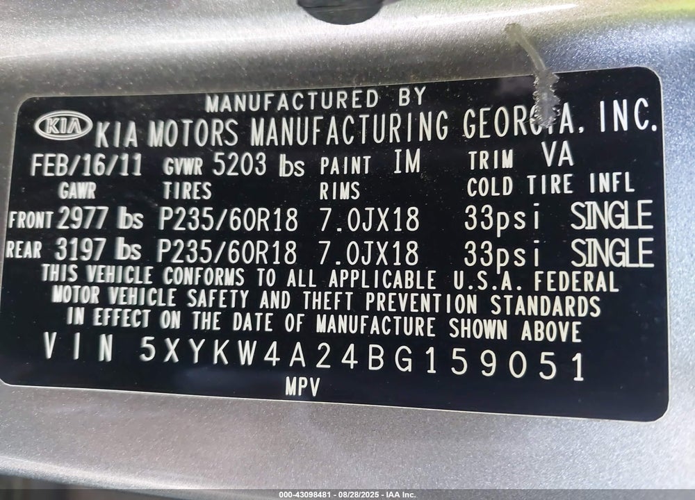 2011 KIA SORENTO VIN: 5XYKW4A24BG159051