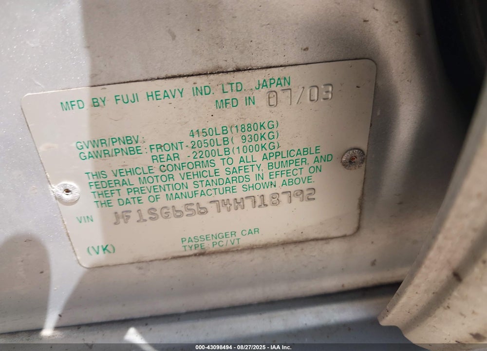 2004 SUBARU FORESTER 2.5XS VIN: JF1SG65674H718792