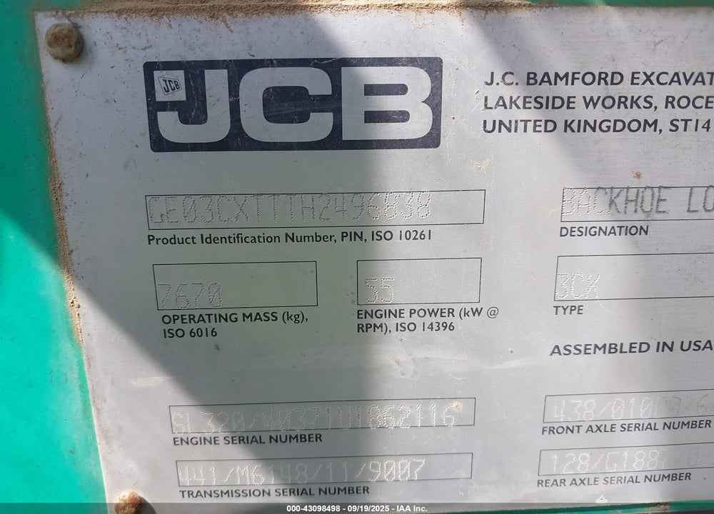 2017 JCB 3CX VIN: GE03CXTTTH2496838
