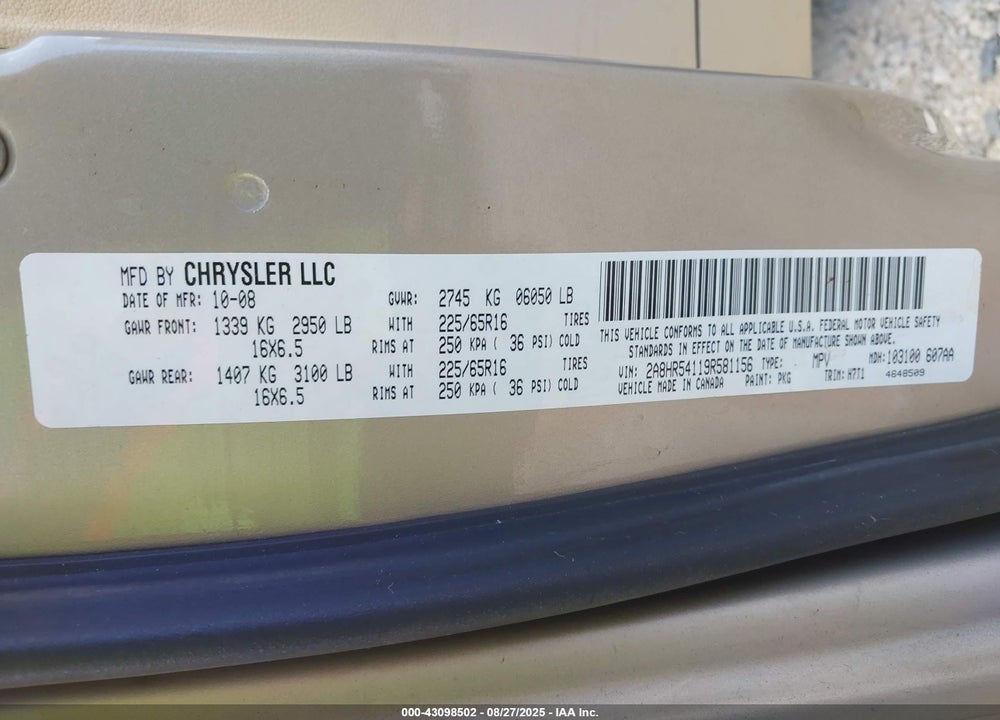 2009 CHRYSLER TOWN & COUNTRY TOURING VIN: 2A8HR54119R581156