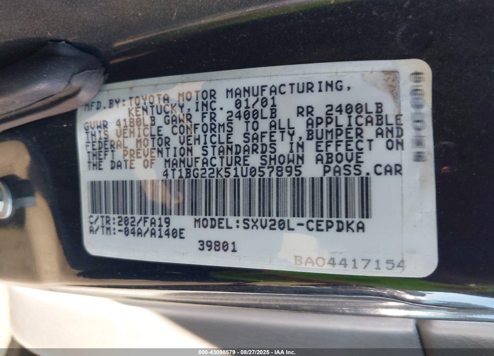 2001 TOYOTA CAMRY CE VIN: 4T1BG22K51U057895