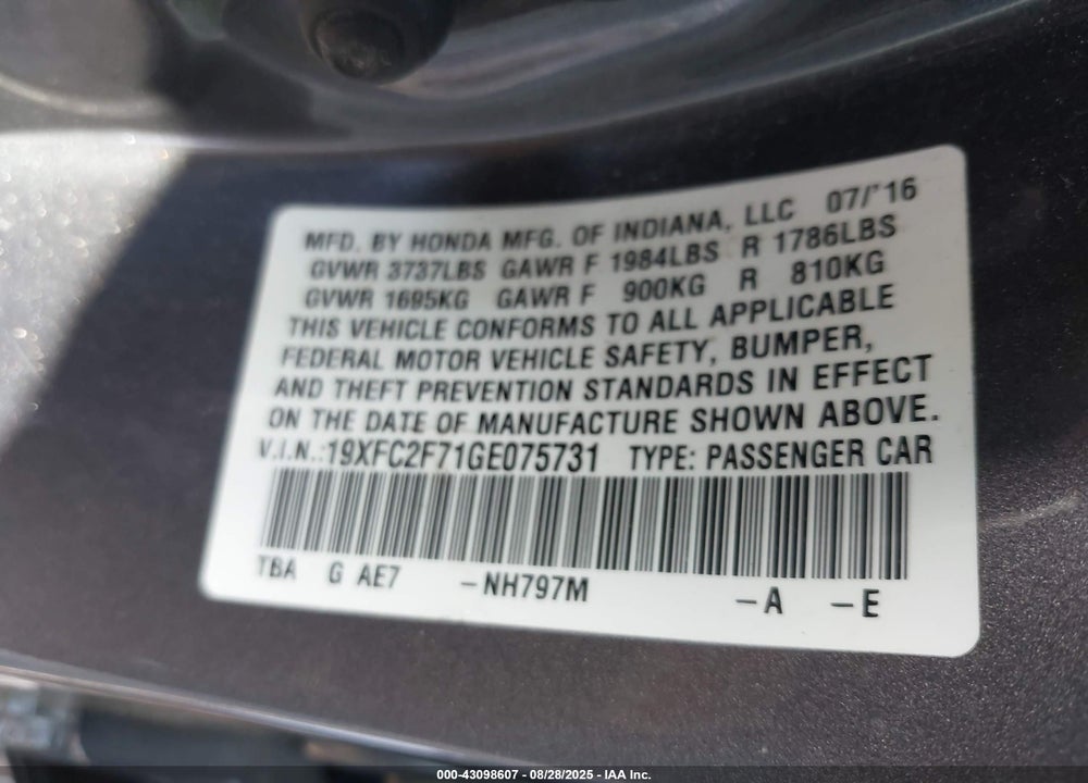 2016 HONDA CIVIC VIN: 19XFC2F71GE075731