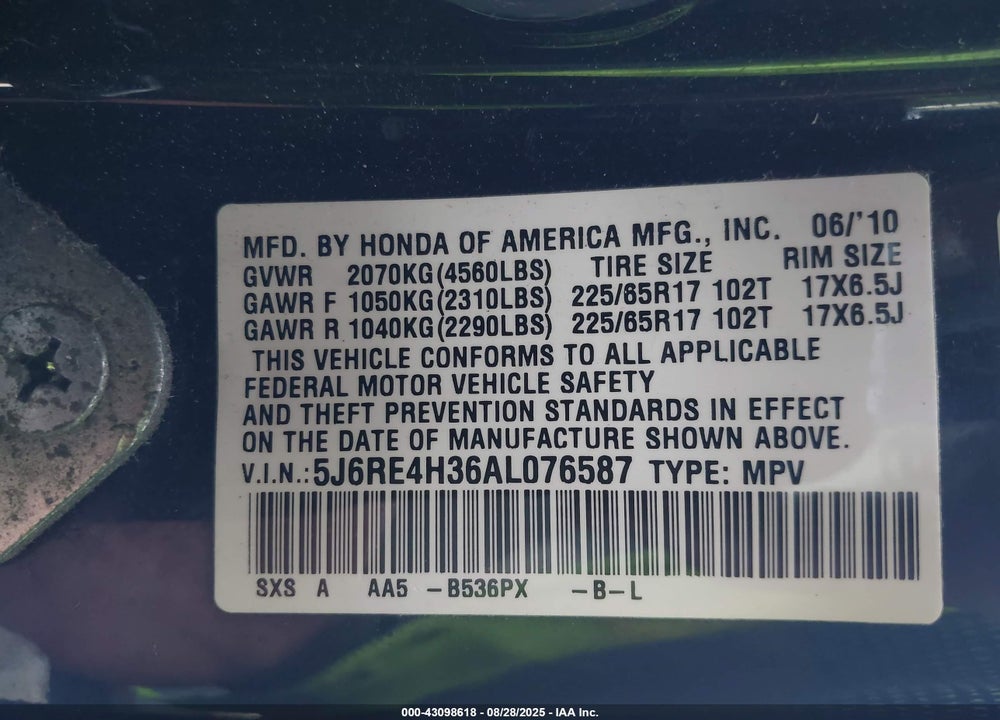 2010 HONDA CR-V VIN: 5J6RE4H36AL076587
