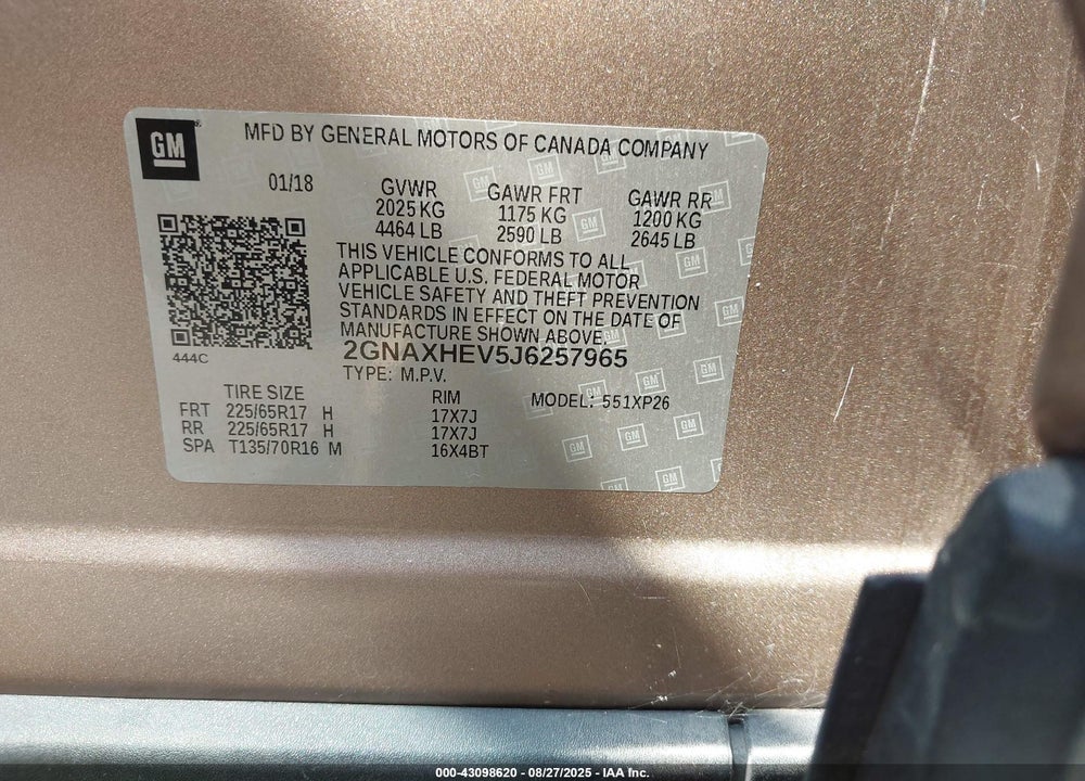 2018 CHEVROLET EQUINOX VIN: 2GNAXHEV5J6257965