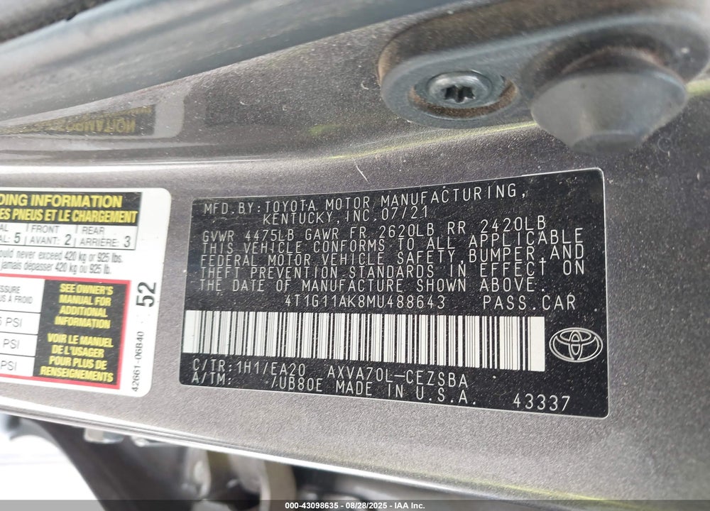 2021 TOYOTA CAMRY VIN: 4T1G11AK8MU488643