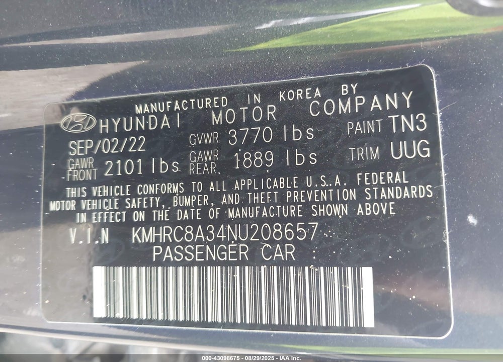 2022 HYUNDAI VENUE VIN: KMHRC8A34NU208657