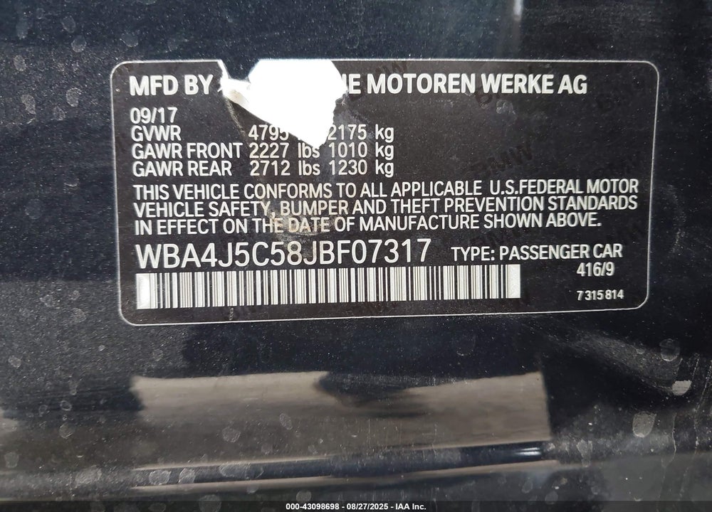 2018 BMW 4 SERIES VIN: WBA4J5C58JBF07317