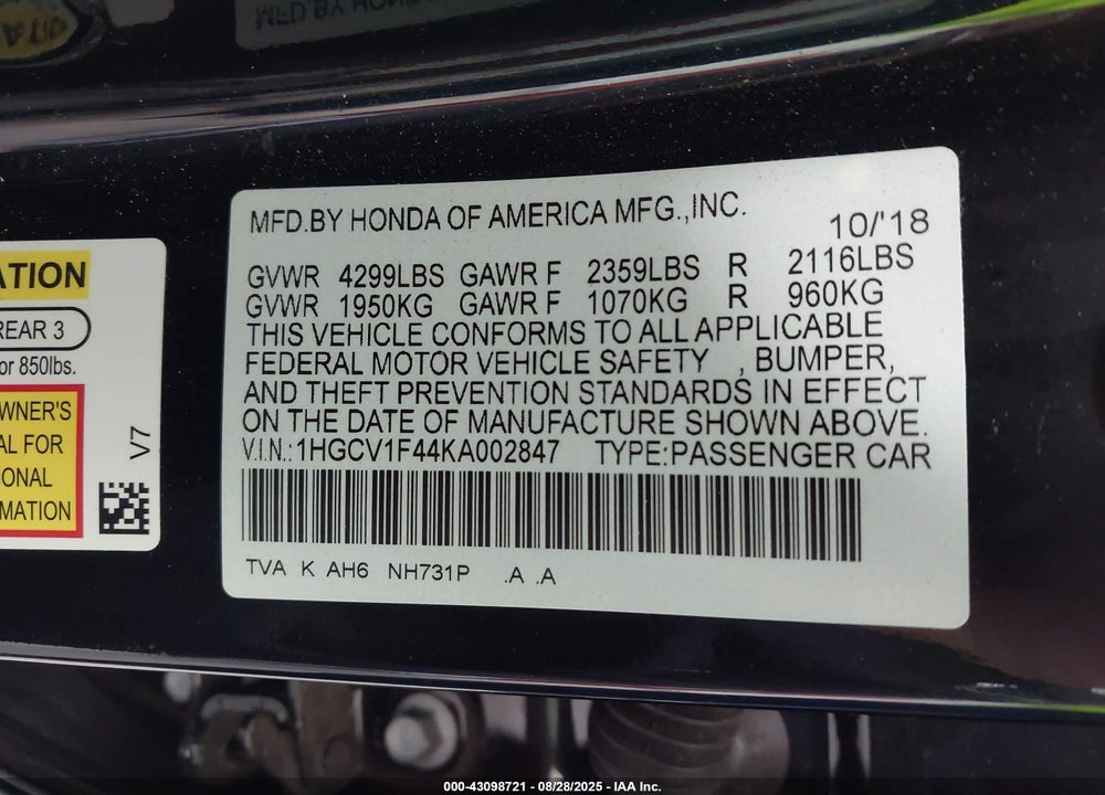 2019 HONDA ACCORD VIN: 1HGCV1F44KA002847