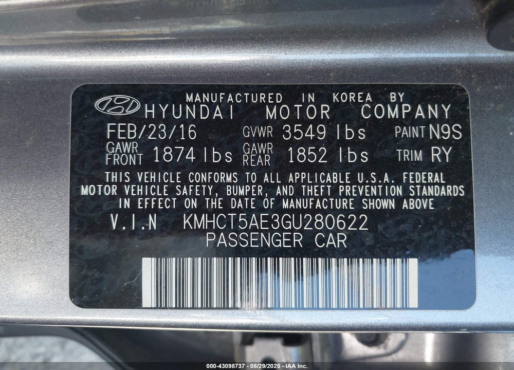 2016 HYUNDAI ACCENT VIN: KMHCT5AE3GU280622