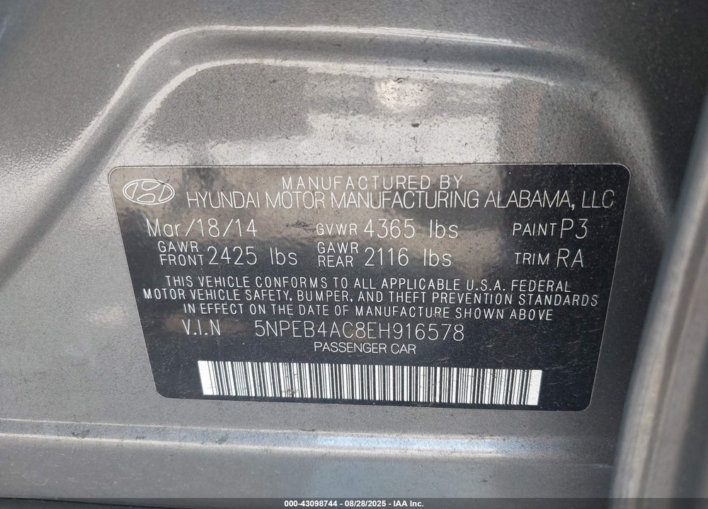 2014 HYUNDAI SONATA VIN: 5NPEB4AC8EH916578