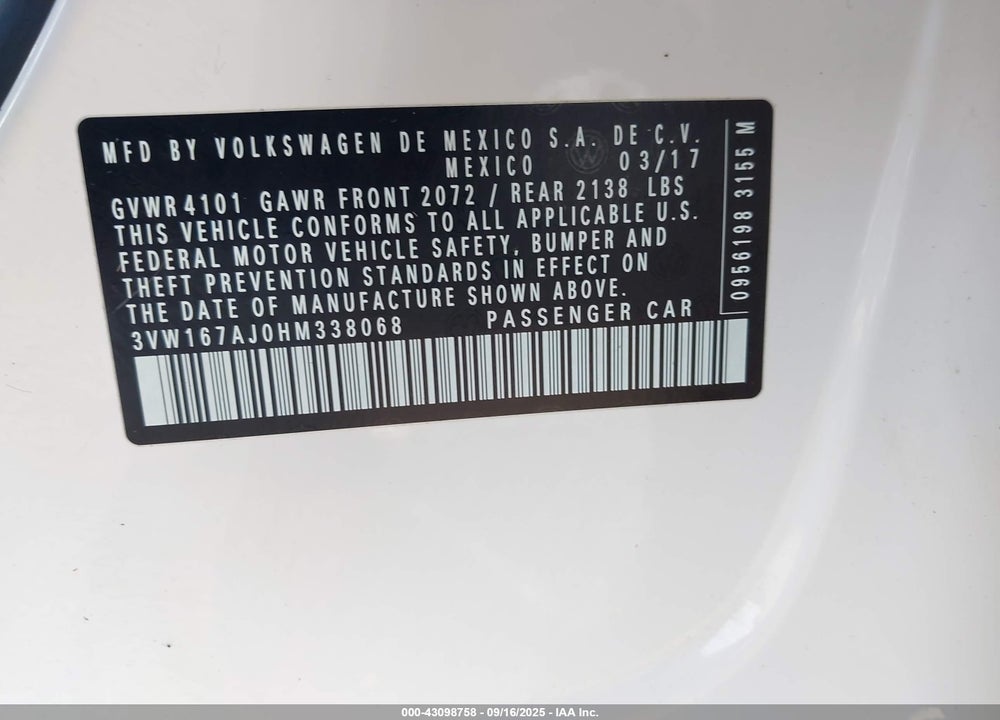 2017 VOLKSWAGEN JETTA VIN: 3VW167AJ0HM338068