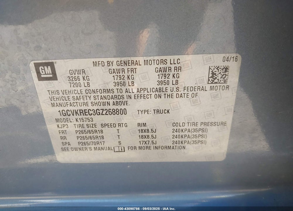 2016 CHEVROLET SILVERADO 1500 VIN: 1GCVKREC3GZ268800