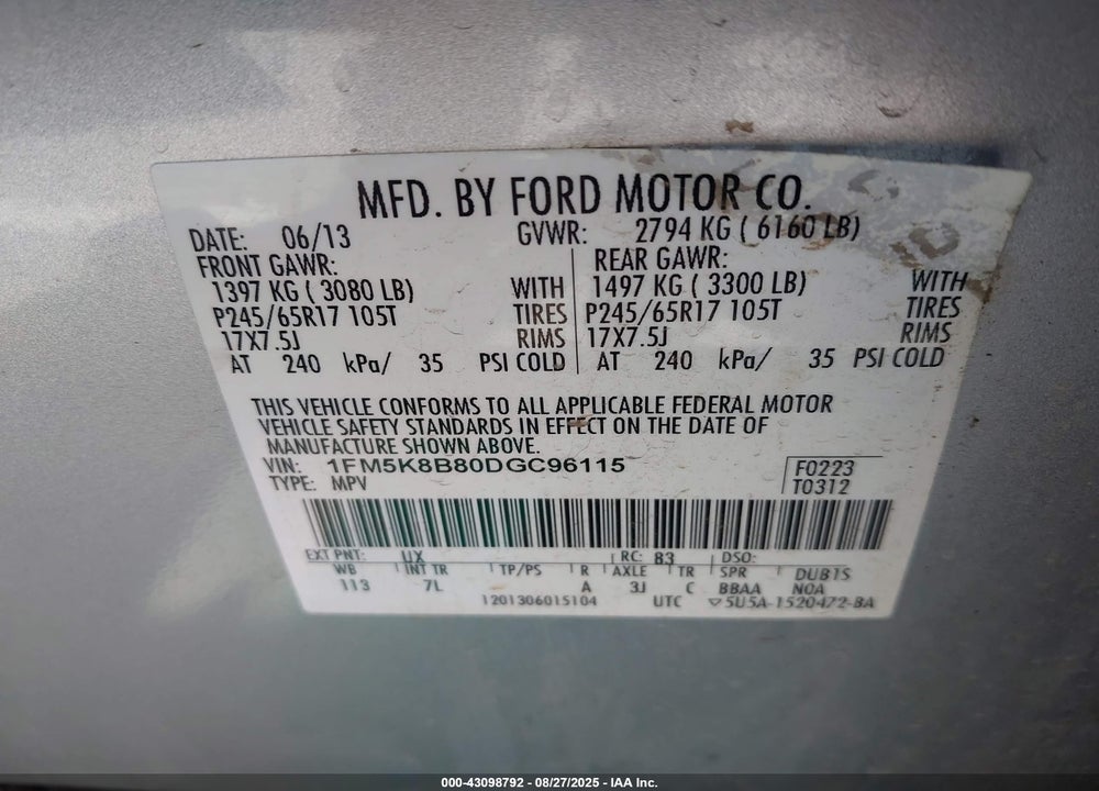 2013 FORD EXPLORER VIN: 1FM5K8B80DGC96115