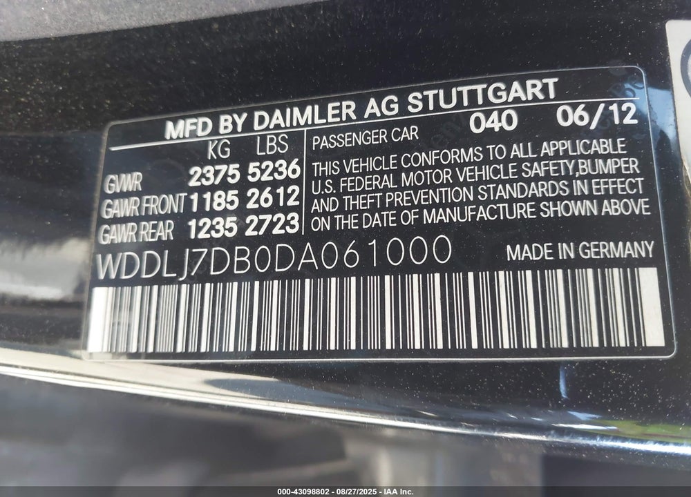 2013 MERCEDES-BENZ CLS 550 VIN: WDDLJ7DB0DA061000