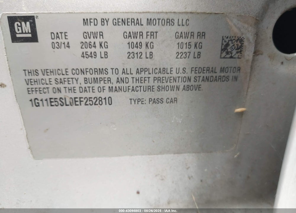 2014 CHEVROLET MALIBU VIN: 1G11E5SL0EF252810