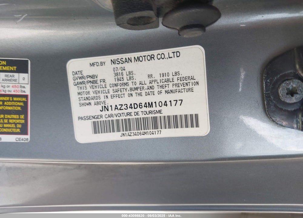 2004 NISSAN 350Z ENTHUSIAST VIN: JN1AZ34D64M104177