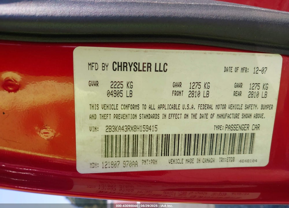 2008 DODGE CHARGER VIN: 2B3KA43RX8H159415