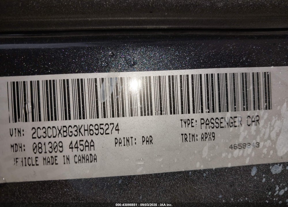 2019 DODGE CHARGER VIN: 2C3CDXBG3KH695274