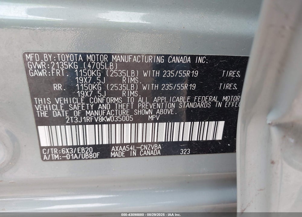 2019 TOYOTA RAV4 VIN: 2T3J1RFV8KW035005