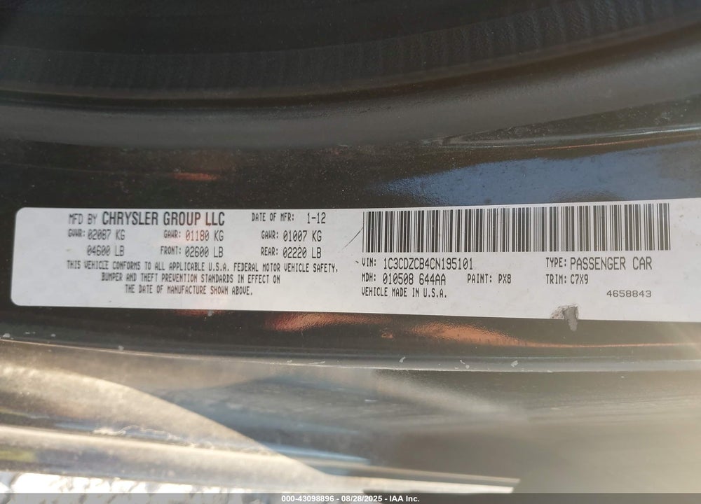 2012 DODGE AVENGER SXT VIN: 1C3CDZCB4CN195101