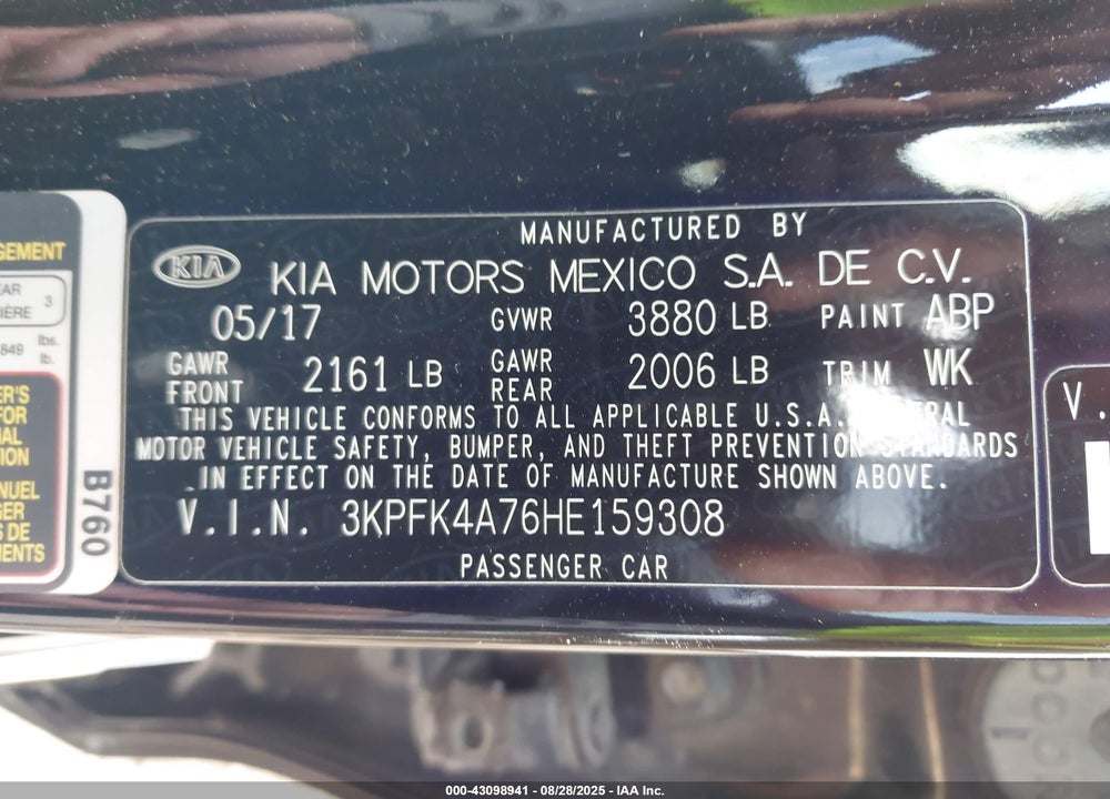 2017 KIA FORTE VIN: 3KPFK4A76HE159308
