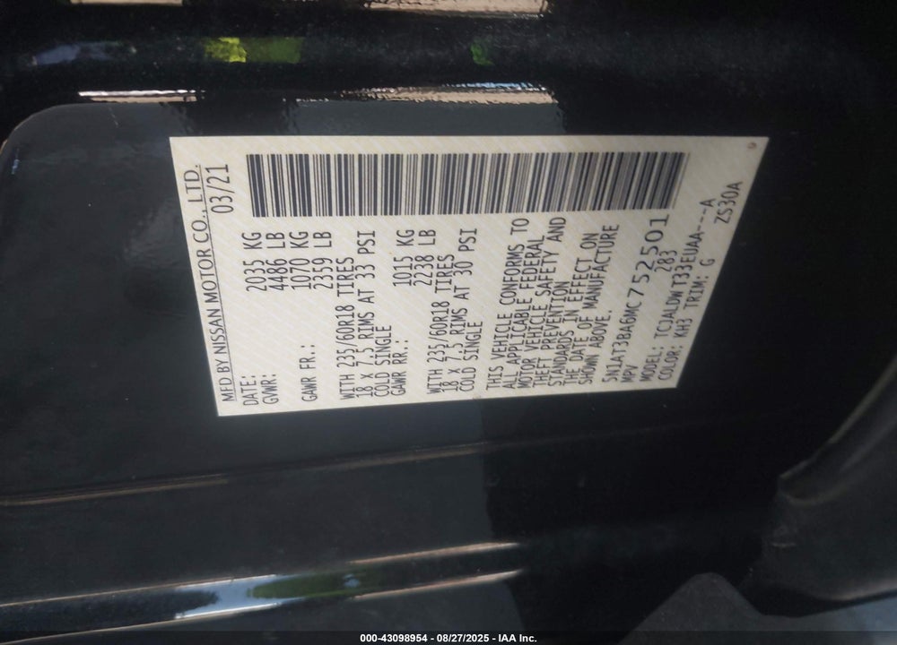 2021 NISSAN ROGUE VIN: 5N1AT3BA6MC752501