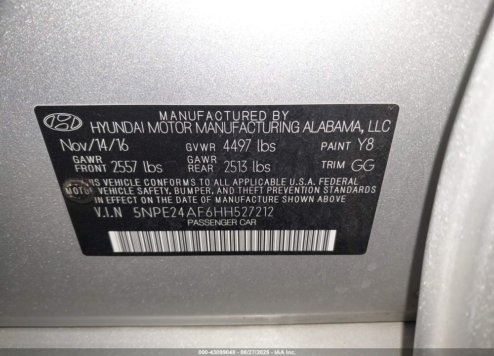 2017 HYUNDAI SONATA VIN: 5NPE24AF6HH527212