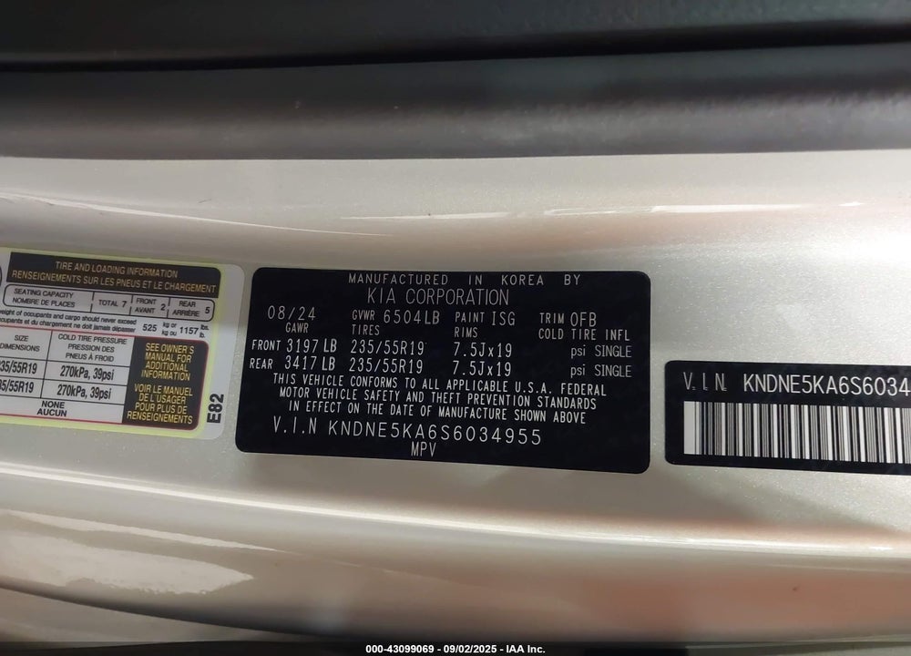 2025 KIA CARNIVAL MPV HYBRID SX PRESTIGE VIN: KNDNE5KA6S6034955
