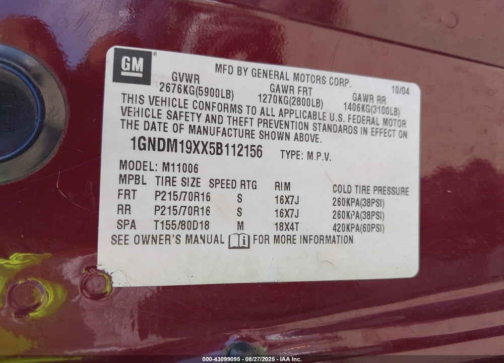 2005 CHEVROLET ASTRO VIN: 1GNDM19XX5B112156